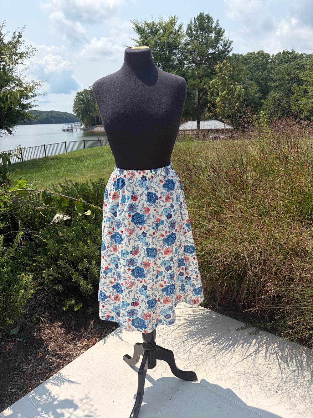 Vintage Handmade Blue Red Floral Cotton A-Line Midi Skirt Elastic Wais